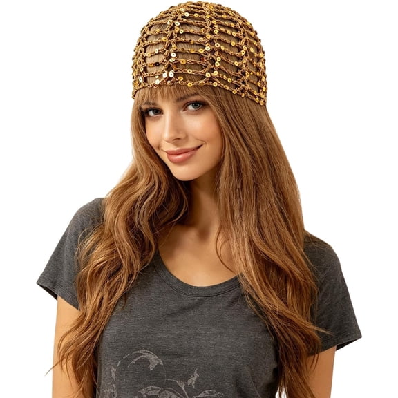 BABOMAREON Summer Glitter Sequin Boho Hollow Out Crochet Hat for Women Beach Travel Party