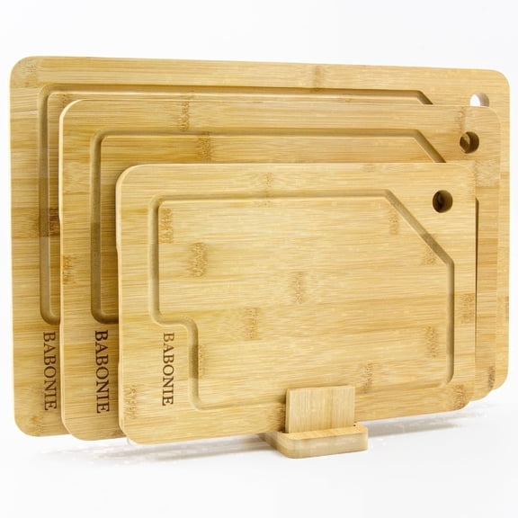 BABONIE Bamboo Cutting Board Set with Stand, 3 Piece Kitchen Wood Chopping Boards with Juice Groove for Meat, Vegetables & Fruit