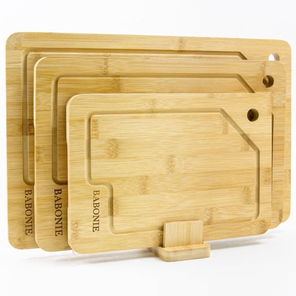 BABONIE Bamboo Cutting Board Set with Stand, 3 Piece Kitchen Wood Chopping Boards with Juice Groove for Meat, Vegetables & Fruit