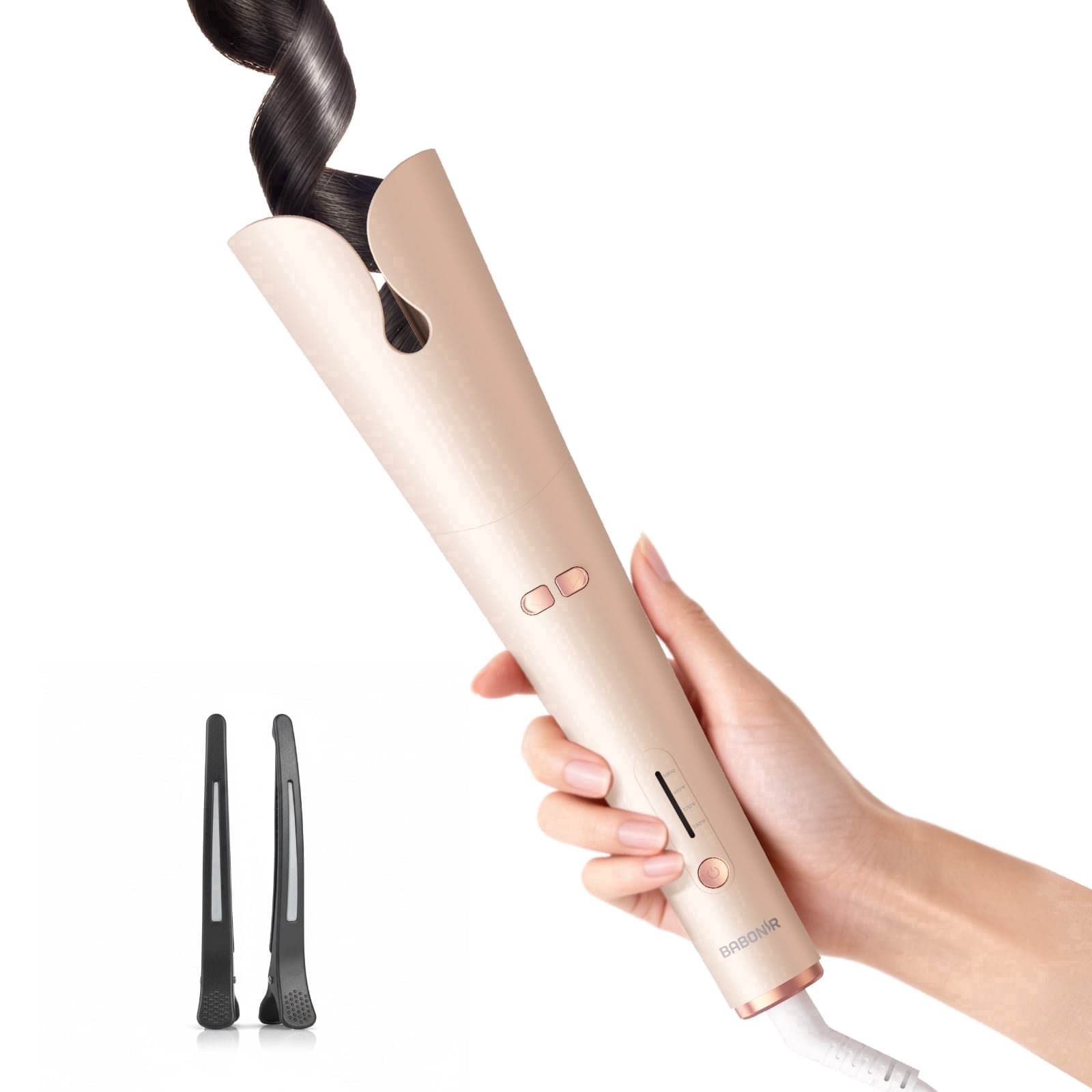 BABONIR 1.25'' Automatic Curling Iron for Beginners - 3 Temp, 2-Way Rotation, Anti-Scald, 500M Ionic, Dual Voltage, Champagne Pink