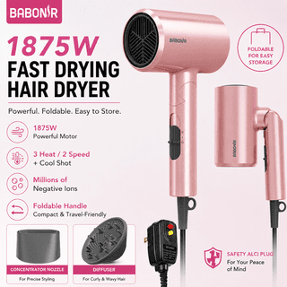 BABONIR 1875W Foldable Travel Hair Dryer for Women with Diffuser, Lightweight Fast Drying Ionic Blow Dryer with Concentrator, Pink