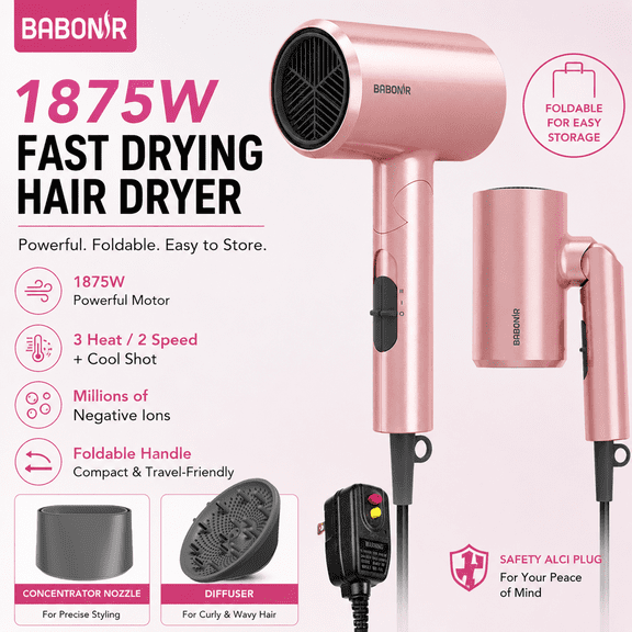 BABONIR 1875W Foldable Travel Hair Dryer for Women with Diffuser, Lightweight Fast Drying Ionic Blow Dryer with Concentrator, Pink