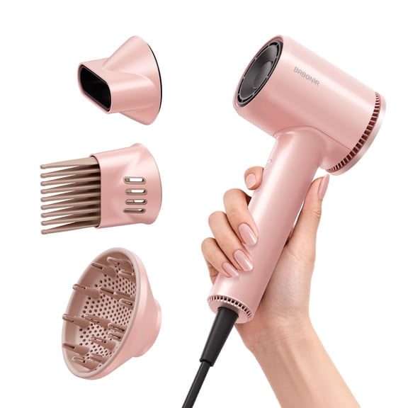 BABONIR 1875W High-Speed Dryer, 110000 RPM Motor, Ionic/Plasma Tech, 3 Nozzles + 5 Heat/2 Speed + Cool Shot, Compact Lightweight for Home/Travel/Salon, Pink