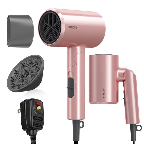 BABONIR 1875W Foldable Travel Hair Dryer for Women with Diffuser, Lightweight Fast Drying Ionic Blow Dryer with Concentrator, Pink