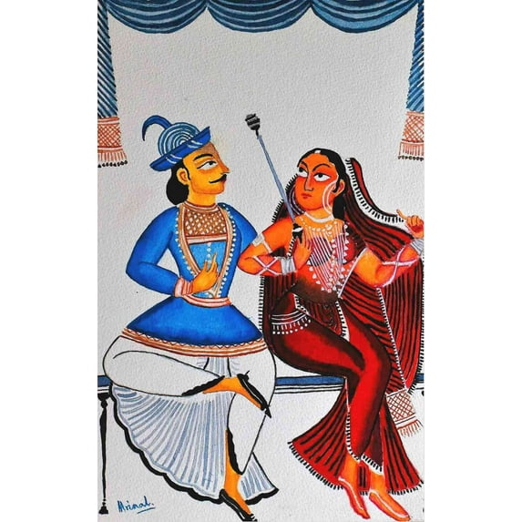 Babu Bibi 2, Traditional Kalighat Painting Style, Limited Edition A2 Print Canvas Finish.