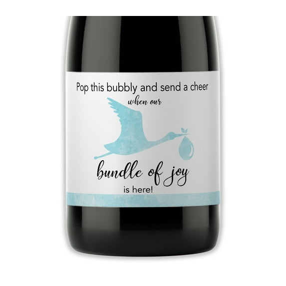 BABY BOY Baby Shower Mini Champagne Labels - She’s About To POP Mini Champagne Bottle Labels ● SET of 12 ● Thank You for Celebrating with us - Blue Stork Bundle of Joy Favors WATERPROOF M101-STORK-12