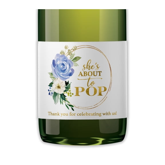 BABY BOY Baby Shower Mini Champagne Labels - Shes About To POP Bottle Labels  SET of 12  Thank You for Celebrating with us - POP When You Get the News Favors WATERPROOF M625-POP-B-12