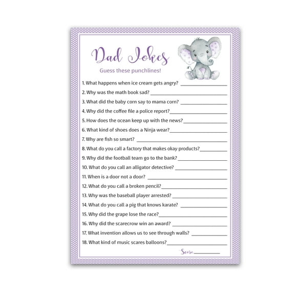 BABY ELEPHANT Baby Shower Game DAD JOKES Baby Shower Games Pack of 25 Fun Dad Joke Game, Funny Daddy Joke Trivia, Purple Gender Neutral Baby Sprinkle, Birthday, Shower Activity G503-DJK