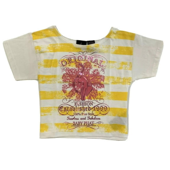 BABY PHAT GIRLS TOP - STRIPED YELLOW SZ 5/6 - SHIRT SHORT SLEEVE PRINTED PINK