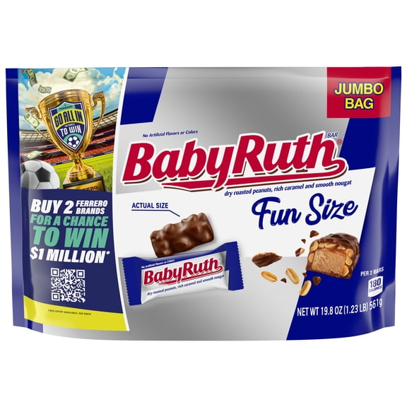 Baby Ruth Candy Bar with Chocolatey Caramel, Peanuts, and Nougat, Fun Size Candy Bars in Jumbo Bag, 19.8 oz
