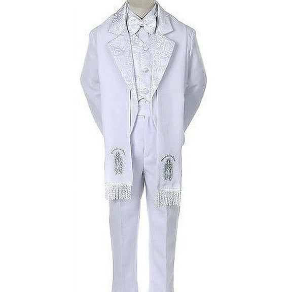 BABY TODDLER BOY Formal TAIL TUXEDO Silver Embroidery Stole WHITE S-7 (0M-7yr)