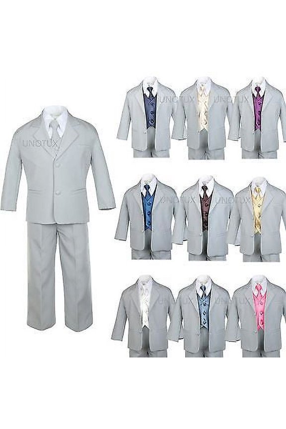 BABY TODDLER BOY TEEN 7 PC WEDDING PROM PARTY FORMAL TUXEDO SUIT GRAY SIZE:S-14