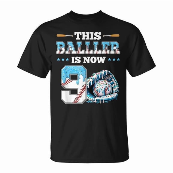 BABYFAMI Baseball Drip 9th Birthday Party Boy Sports Fan Graphic T-Shirt, Black, S