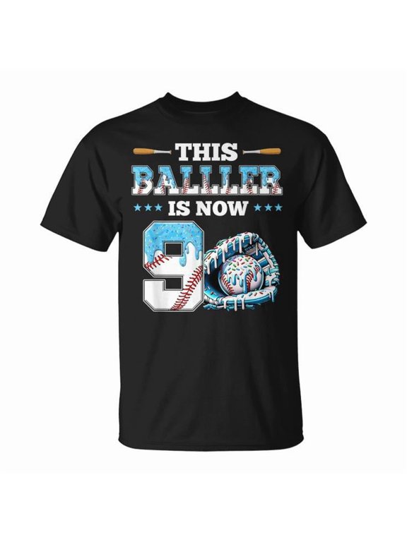 Baseball Drip 9th Birthday Party Boy Sports Fan Graphic T-Shirt, Black, S