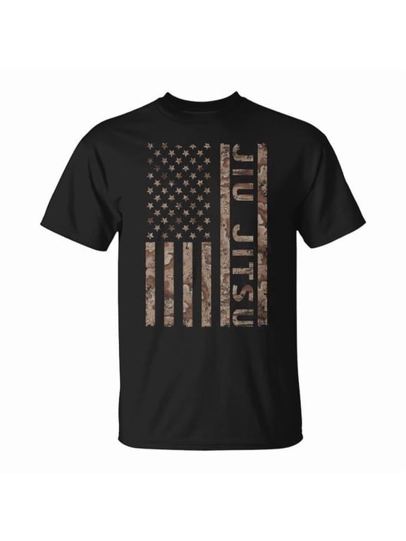 Jiu Jitsu American Flag Camo USA Martial Arts T-shirt, S, Black