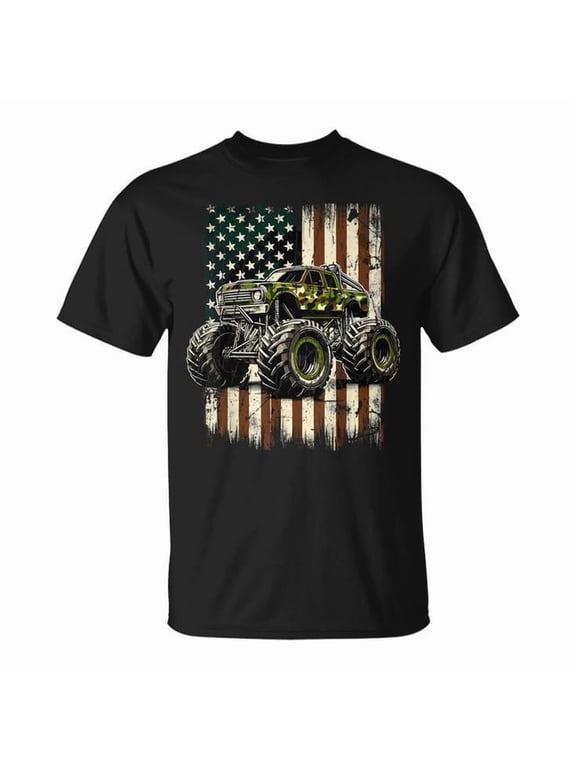 Monster Trucks USA Flag 4th July Independence Graphic T-Shirt, Black, L