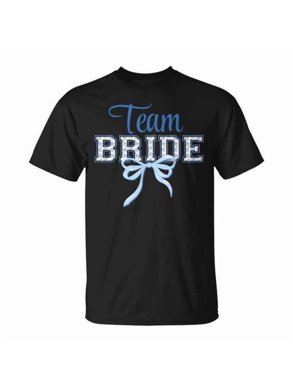 Team Bride Blue Bow Coquette Floral Bridal Party T-Shirt, S, Black