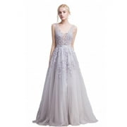 BABYONLINEDRESS Double V-Neck Tulle Pearls Long Evening Dress Silver Prom Dresses