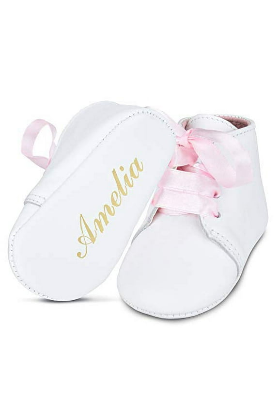 Personalized Baby Girl Christening Shoes Baptism Gender Reveal Soft Newborn Lace Up with Hand Embossed Name & Date - Special Occasion Church Shoes Pink