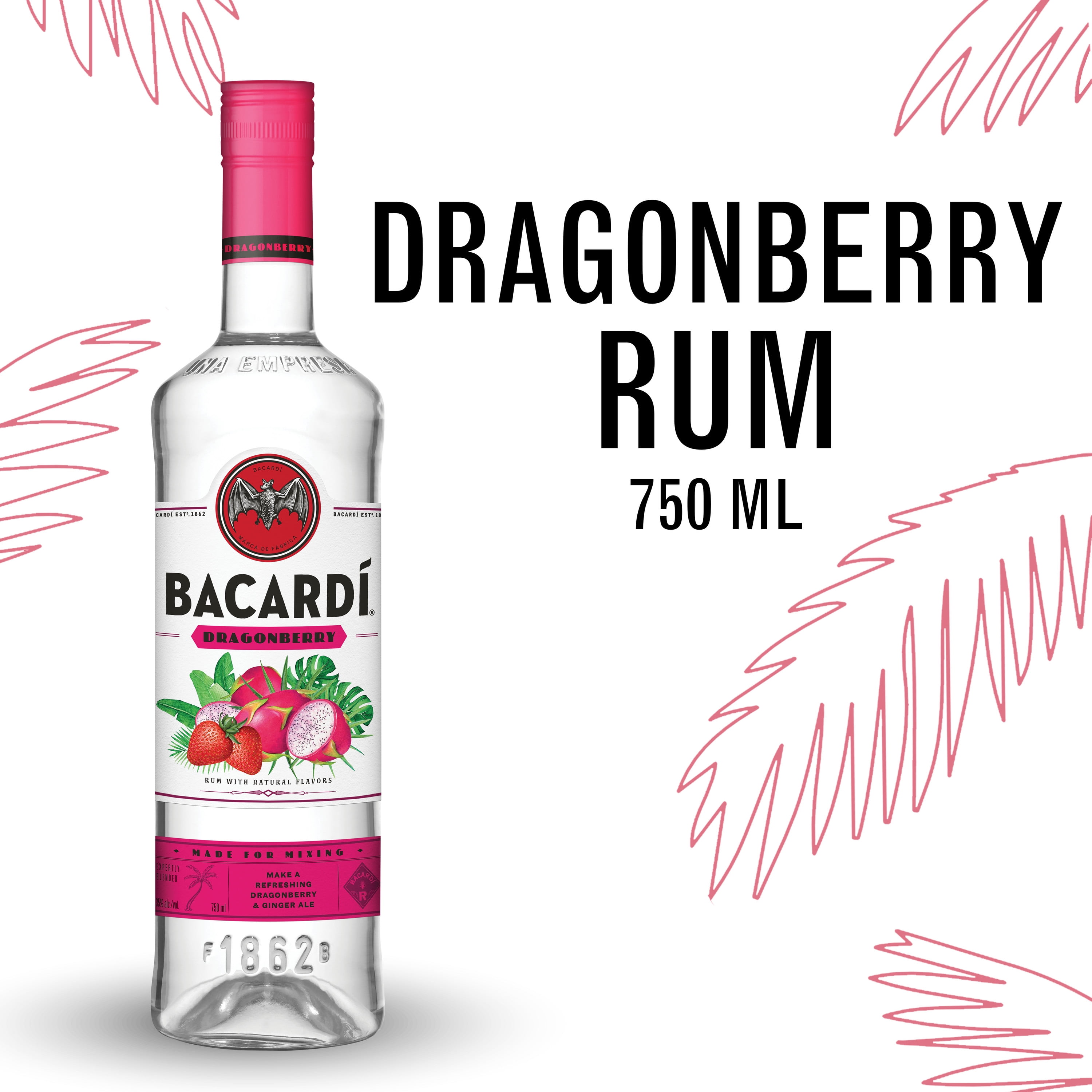 BACARDI Dragonberry Rum, Gluten Free, 750 mL Bottle, ABV 35
