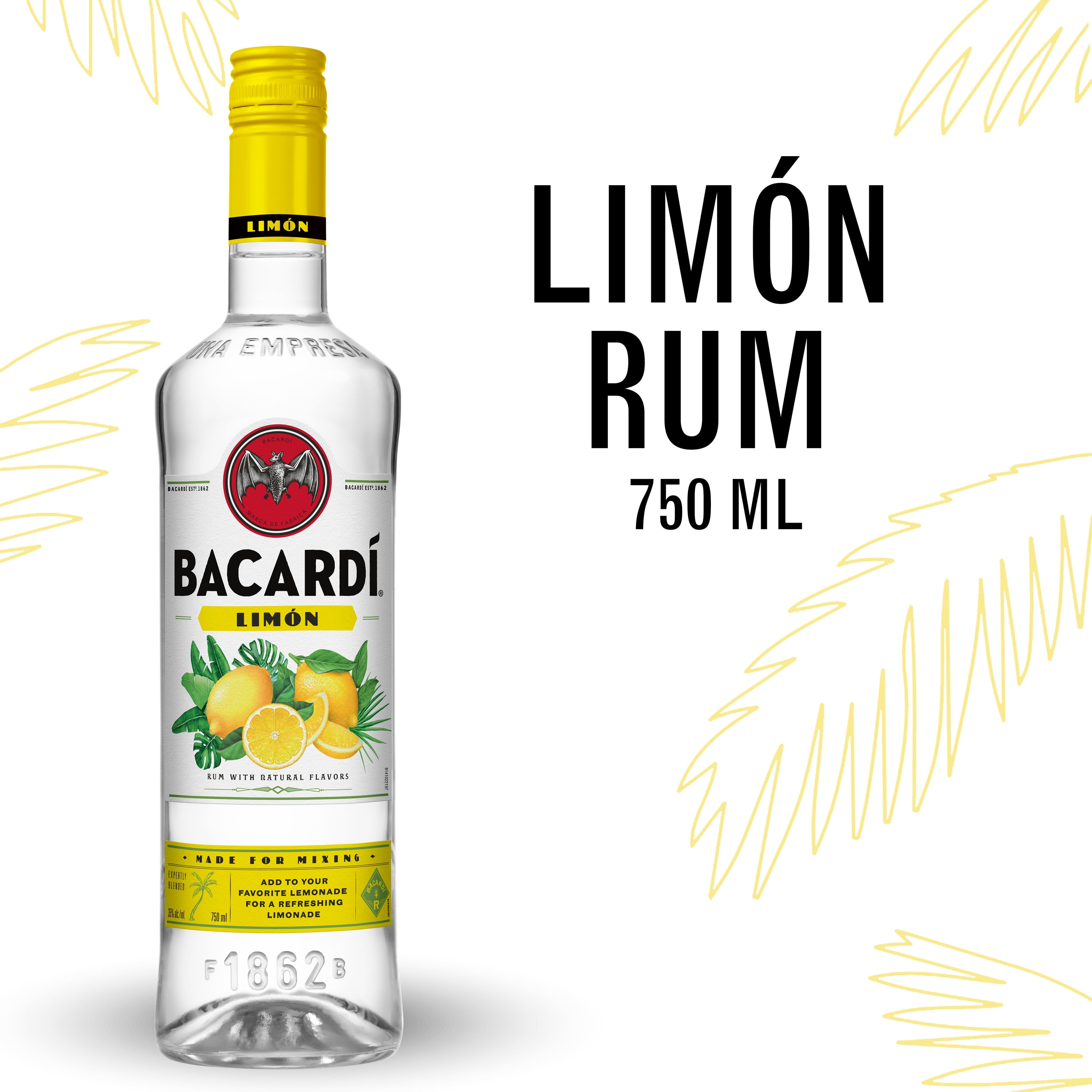 BACARDI Limon Rum, Gluten Free, 750 mL Bottle, ABV 35