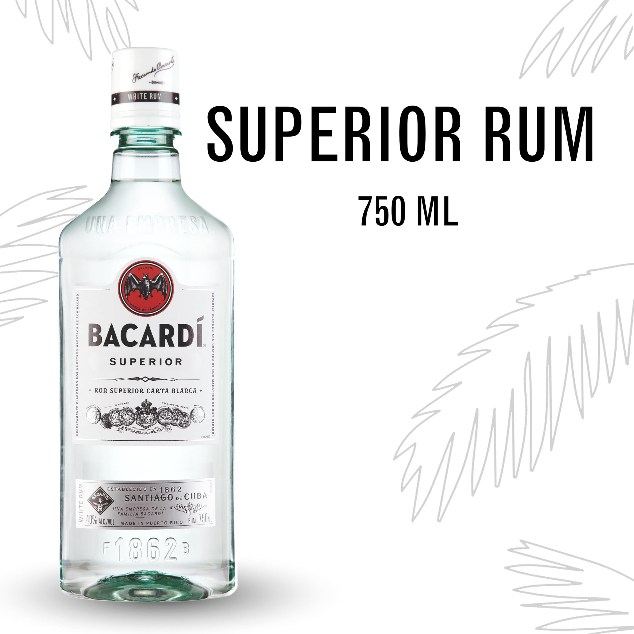 BACARDI Superior White Rum, Gluten Free, 750 mL Bottle, ABV 40%