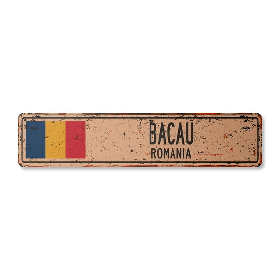 BACAU ROMANIA Vintage Plastic Street Sign Romanian flag city country road wall gift | Indoor/Outdoor | 36" Wide