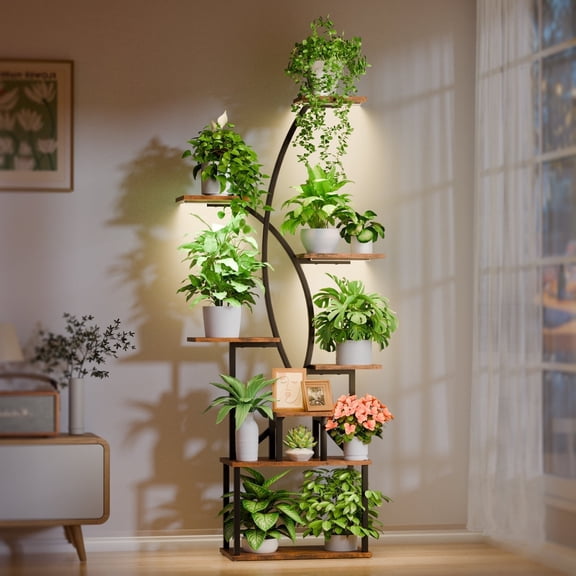 8 Tiered Tall Plant Stand Indoor with Grow Light, 65" Large Corner Shelves Metal Curved Flower Holder Display Rack
