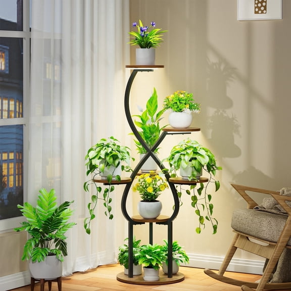 BECOKOME Plant Stand Indoor with Grow Lights, 7 Tiered Tall Metal Plant Shelf, 48.03'' Heart Shaped Corner Plant Stand for Indoor Plants, Plant Rack for Living Room, Office & Patio Decor