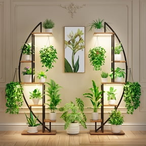 BECOKOME Plant Stand Indoor with Grow Lights, 6 Tier 63'' Tall Corner Plant Stand, 2 Pack Half Moon Metal Plant Shelf with Hooks for Home Living Room Patio