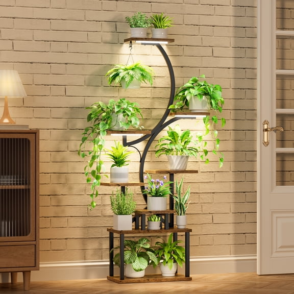 Plant Stand Indoor with Grow Lights 62" Corner Plant Shelf, 8 Tier Tall Plant Stands, BECOKOME S-Shaped Metal Plant Rack Flower Holder for Living Room