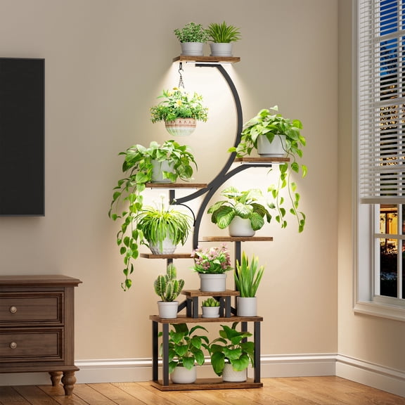 Plant Stand Indoor with Grow Lights, 62" Corner Plant Shelf 8 Tier Tall Plant Stands, BECOKOME S-Shaped Metal Plant Rack Flower Holder for Living Room