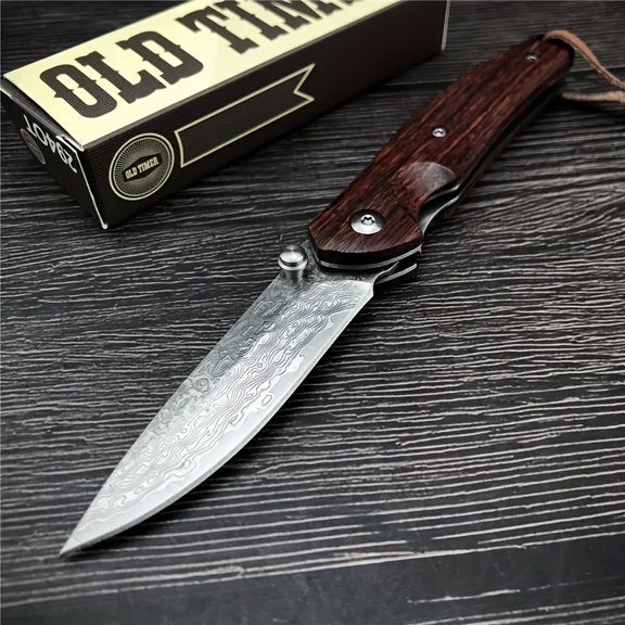 BACK TO SCHOOL BLOWOUT Premium Damascus Folding Knife 3.7" Blade Rosewood Grip EDC Survival Knife with Leather Sheath Gift Box for Graduates Fathers Outdoor Activities LAST 24 HOURS!