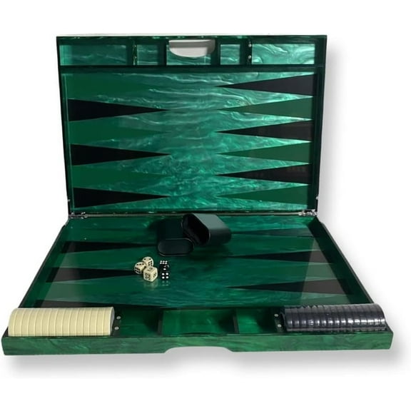 BACKGAMMON - MAGNETS, GRN MARB,, BLK/GRN TRI, BLK/CREAM CHIPS /  Lucite Acrylic Backgammon Set