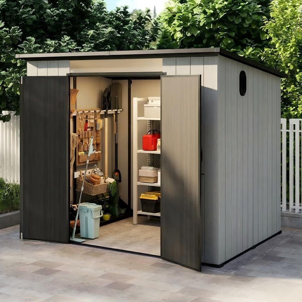 BACKYARD BEAUTIFUL 6 x 8 FT Resin Storage Shed, Waterproof Plastic Tool Shed with Windows, Vents, Lockable Double Doors, Sloped Roof for Garden, Patio, Backyard, Gray