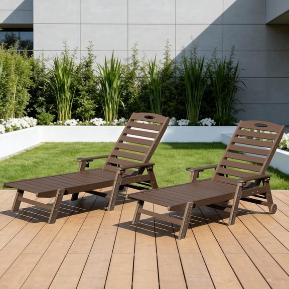 BACKYARD BEAUTIFUL Outdoor Chaise Lounge Set of 2, HDPE Pool Lounger with Adjustable Reclining Backrest for Poolside, Backyard & Sunbathing, Brown