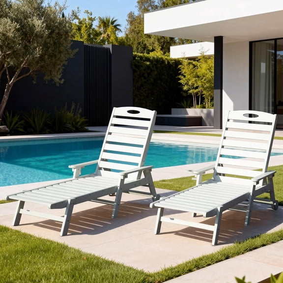 BACKYARD BEAUTIFUL Outdoor Chaise Lounge Set of 2, HDPE Pool Lounger with Adjustable Reclining Backrest for Poolside, Backyard & Sunbathing, White