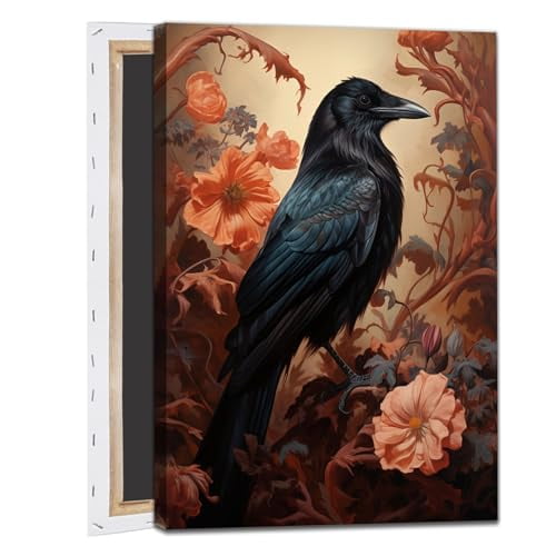 BACKYMRJCART Dark Academia Vintage Gothic Crow Canvas Wall Art Black Crow Pictures Dark Academia Paintings Vintage Raven Canvas Print Crow Artwork for Wall Vintage Gothic Art Wall