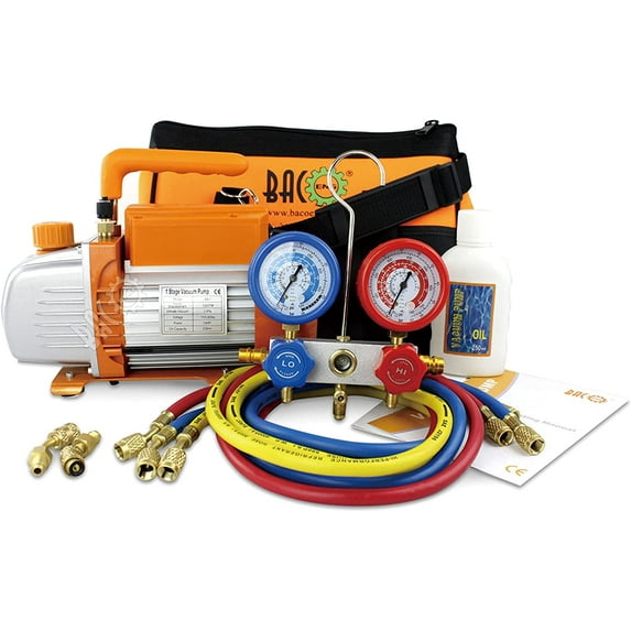 BACOENG Manifold Gauge Set & Vacuum Pump - HVAC A/C Refrigeration Kit - Diagnostic R12 R22 R134a R410A - W/Case