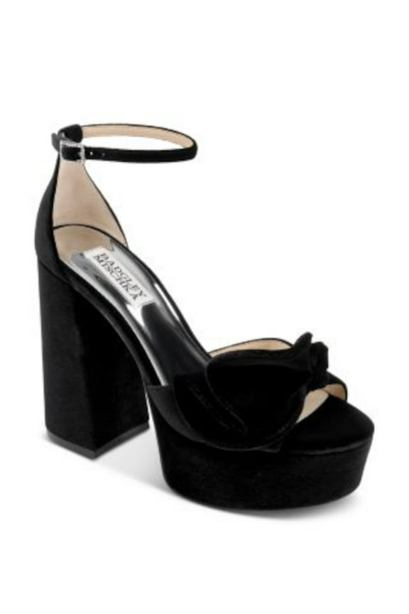 Womens Black 1-1/2" Platform Ruffled Accent Padded Zoelle Open Toe Flare Buckle Dress Heeled Sandal 9.5