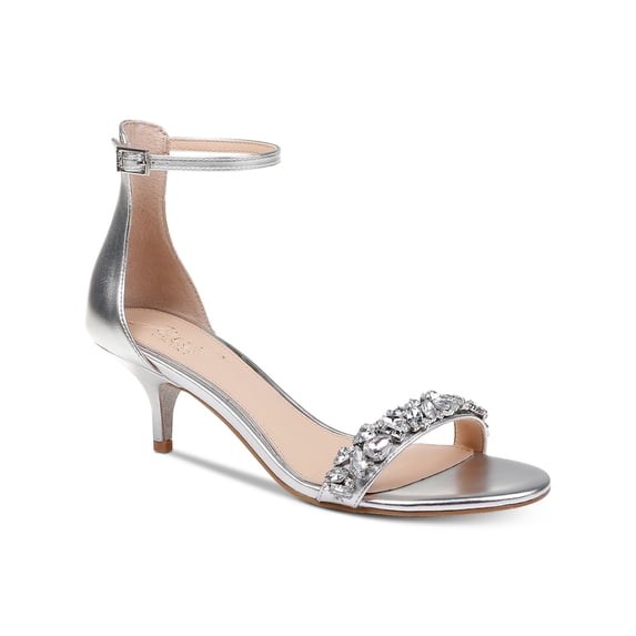 BADGLEY MISCHKA Womens Silver Rhinestone Adjustable Strap Dash Round Toe Kitten Heel Buckle Dress Slingback Sandal 6.5 M