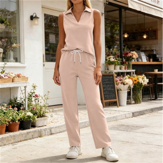 BADHUB 2 Piece Short Sets for Womens Summer V Neck Travel Outfits Sweatsuits Sleeveless Lounge Sets Tracksuit Beige XL