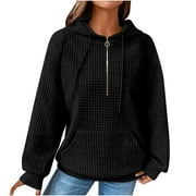BADHUB 2023 Clearance Waffle Knit Hoodie for Women,Half Zip Drawstring Hooded Sweatshirt Solid Color Casual Long Sleeve Pullover Sweatshirts with Kangaroo Pocket
