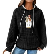 BADHUB 2023 Clearance Women's Christmas Hooded Sweatshirt,Waffle Knit Loose Comfy Holiday Pullover Cute Snowman Graphic Casual Drawstring Hoodie with Kangaroo Pocket