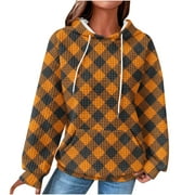 BADHUB 2023 Fall Fashion Hoodie for Women Clearance Sales,Color Blocking Plaid Casual Hooded Sweatshirt Waffle Knit Loose Comfy Holiday Pullover with Kangaroo Pocket
