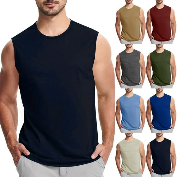 BADHUB 2025 Athletic Muscle Tank Tops for Men Workout Stretchy Gym Solid Color Sleeveless Summer Shirts Khaki S
