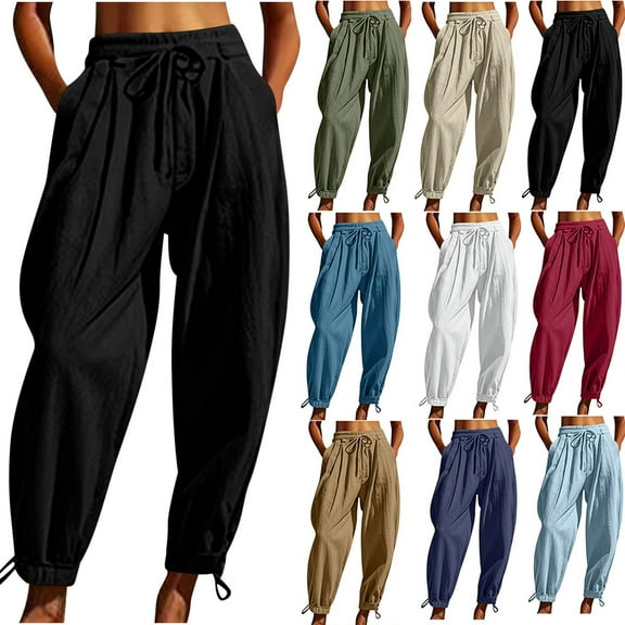 BADHUB 2025 Linen Harem Pants for Women Drawstring Elastic Waist Summer Ankle Trousers Army Green S