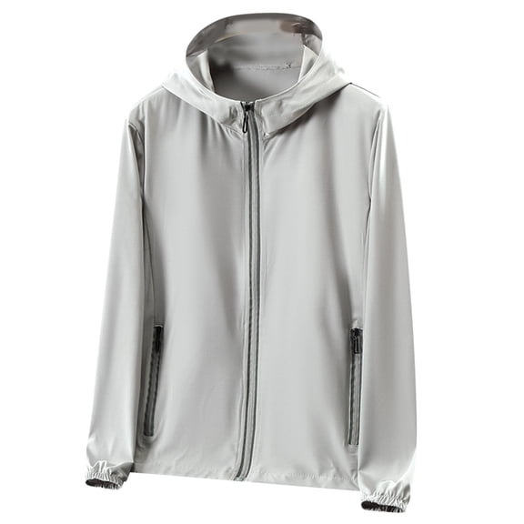 BADHUB 2025 Summer Sun Protection Light Jacket with Hood for Men Big and Tall Zipper Pocket Long Sleeve Quick Dry Lightweight Outdoor Hooded Top M-5XL Gray