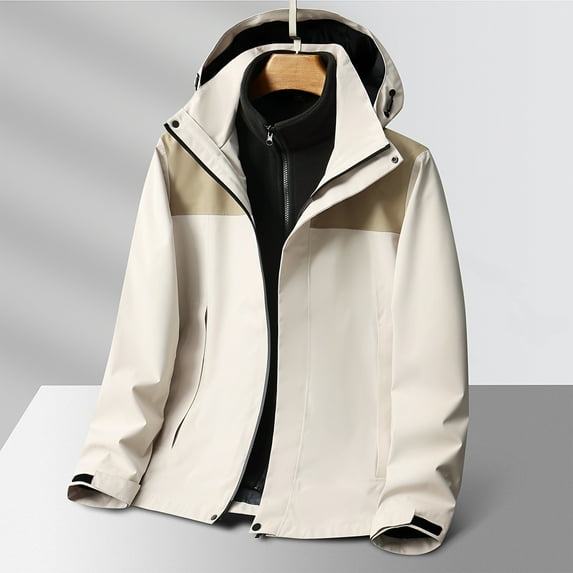 BADHUB 3-in-1 Winter Coat for Men Big & Tall Rain Coat Detachable Fleece Lined Warm Rain Jacket Adjustable Cuffs Hooded Windbreaker Color Block Outdoor Hiking Snow Jacket Winter Clearance