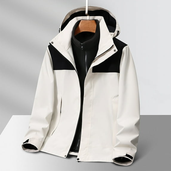 BADHUB 3-in-1 Winter Coat for Men Big & Tall Rain Coat Detachable Fleece Lined Warm Rain Jacket Adjustable Cuffs Hooded Windbreaker Color Block Outdoor Hiking Snow Jacket Winter Clearance